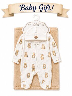 NWT Baby Essentials 3 Piece Baby Shower Gift Set Baby Boy Teddy Bear Blanket